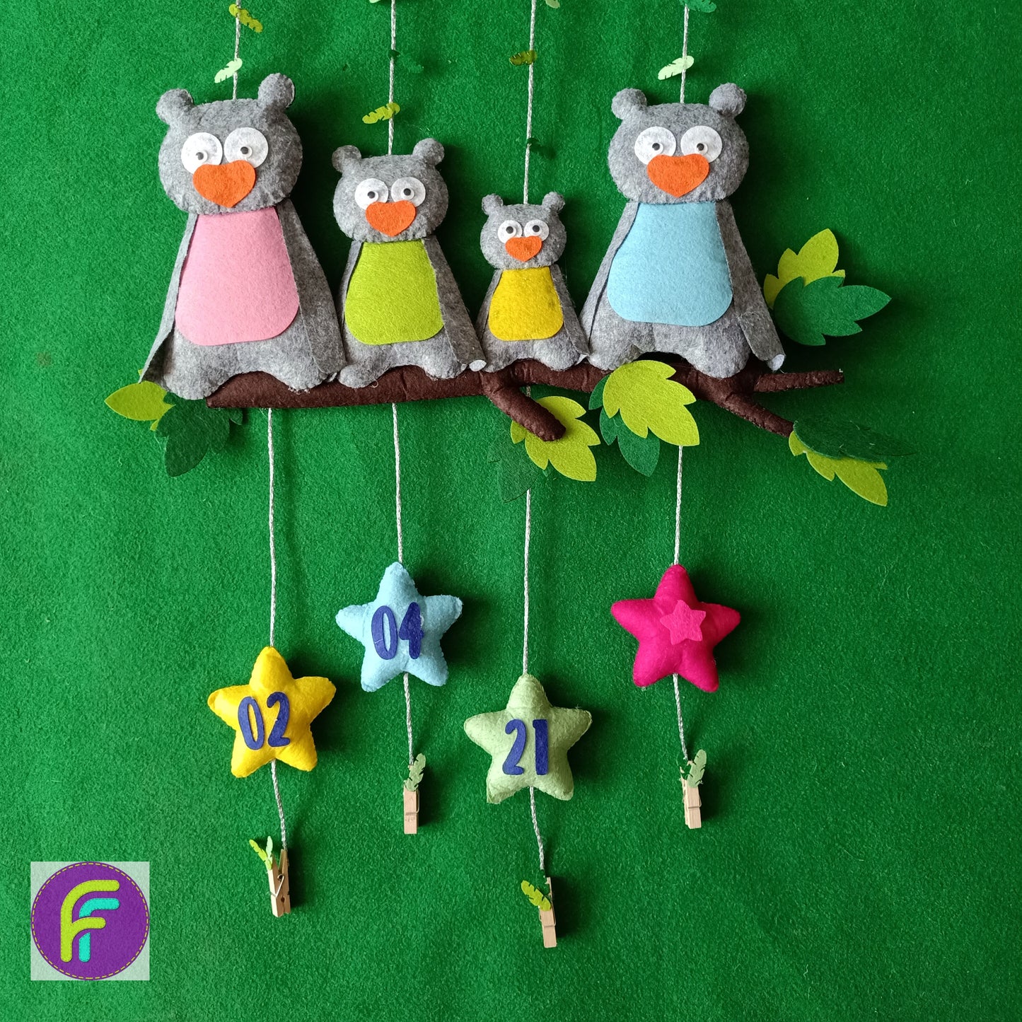 Owl Family on Branch | Personalised Felt Kids Hanging