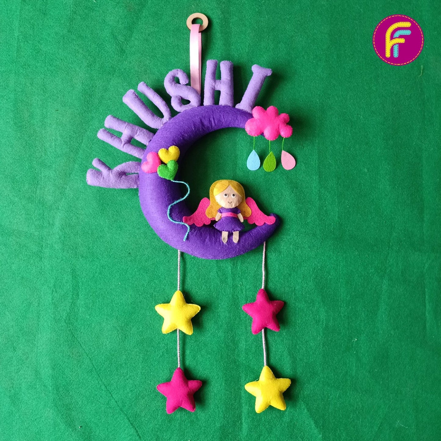 Pretty Angel On Moon | Personalised Felt Kids Hanging