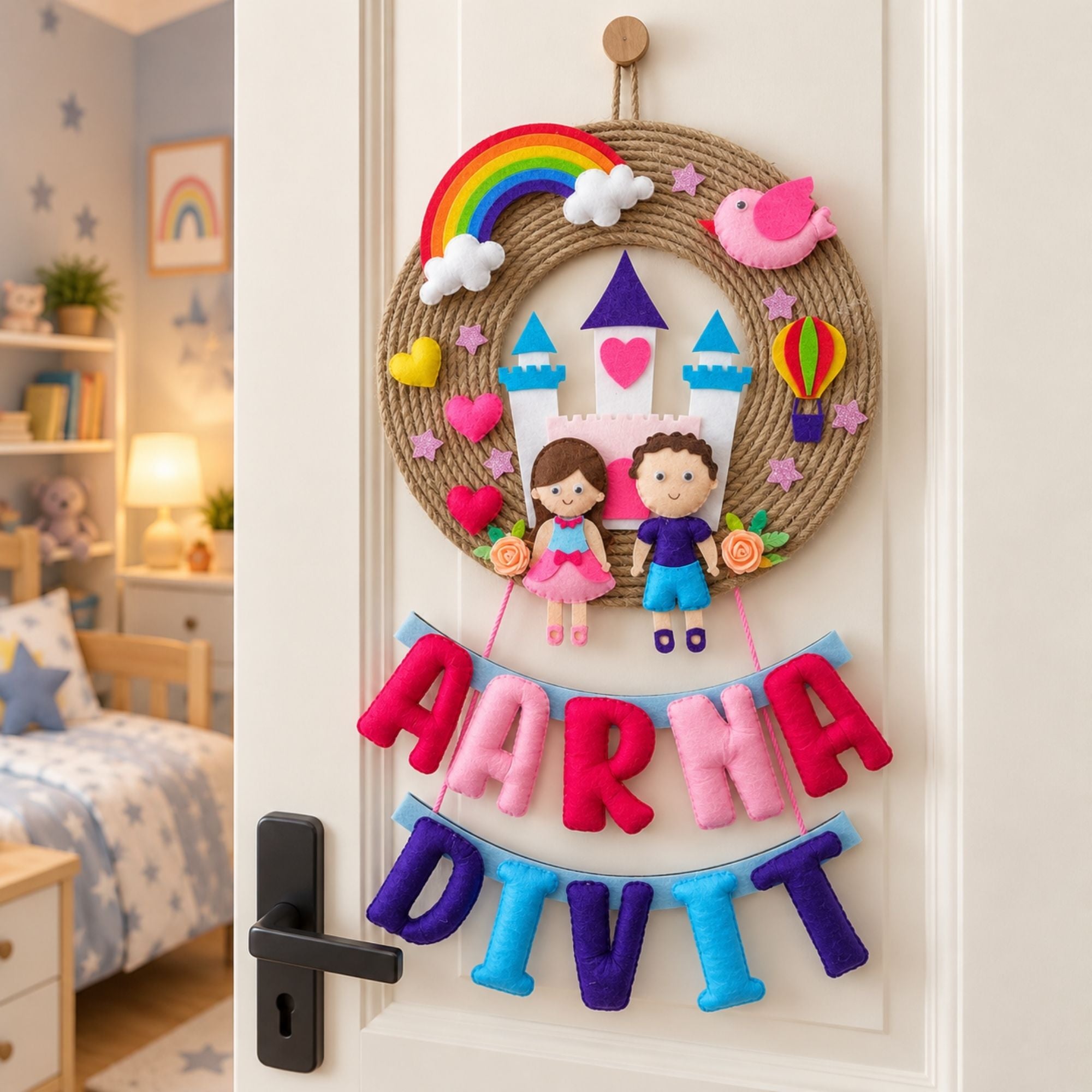 Cute Kids Jute Hanging | Personalised Felt Kids Hanging | Two Siblings