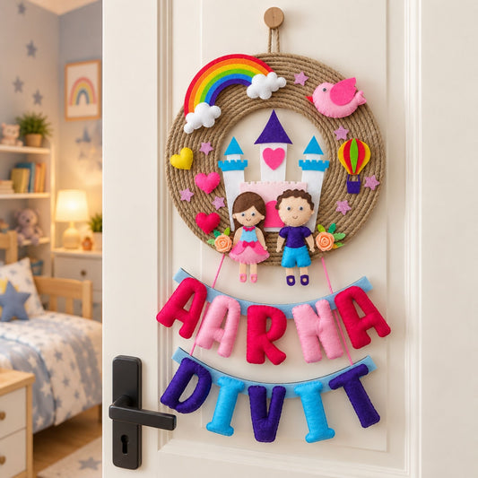 Cute Kids Jute Hanging | Personalised Felt Kids Hanging | Two Siblings