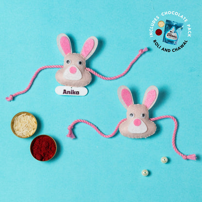 Cute Bunny Rakhi Combo with Chocolates, Roli and Chawal | Personalised Kids Rakhi