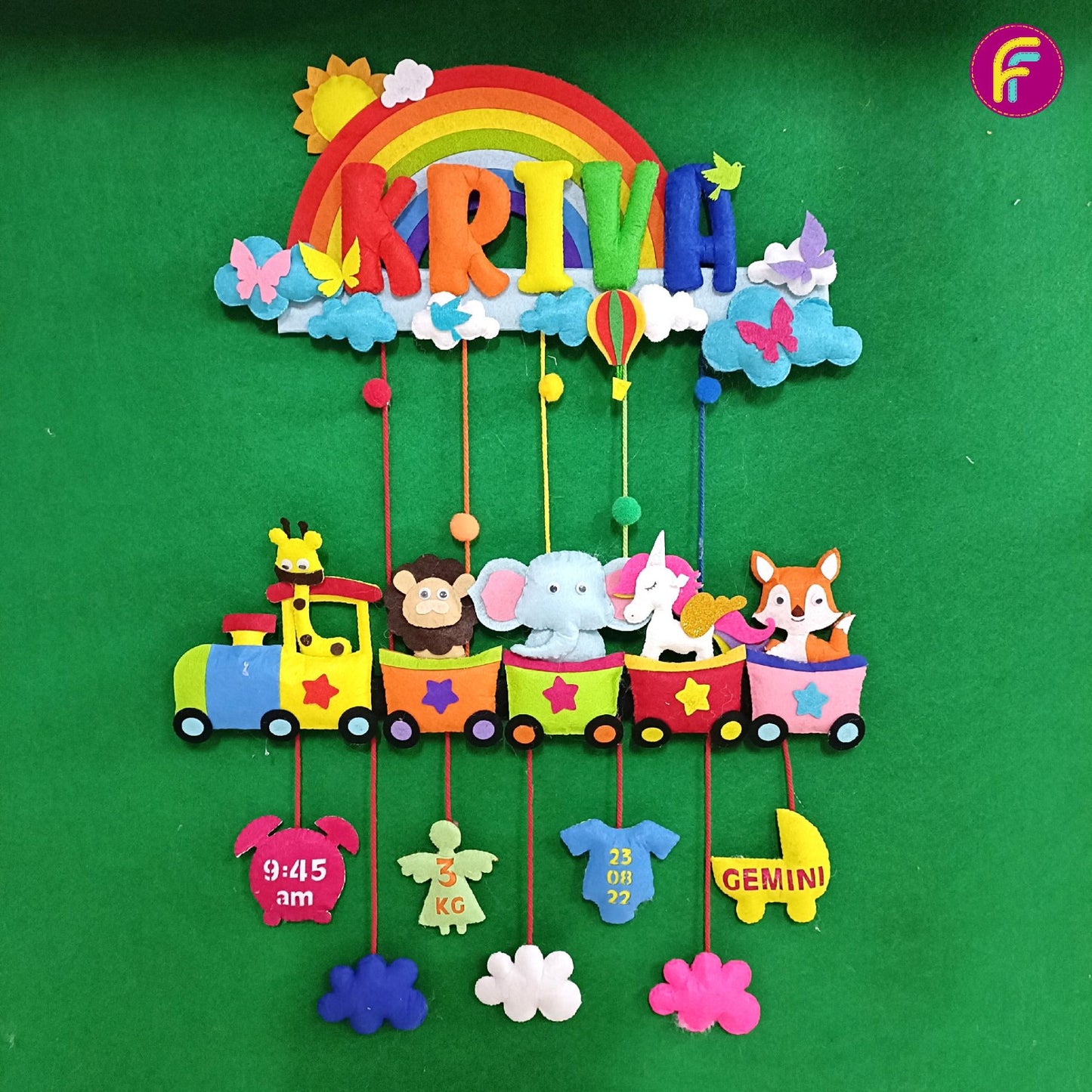 Rainbow Animal Train | Personalised Felt Kids Hanging