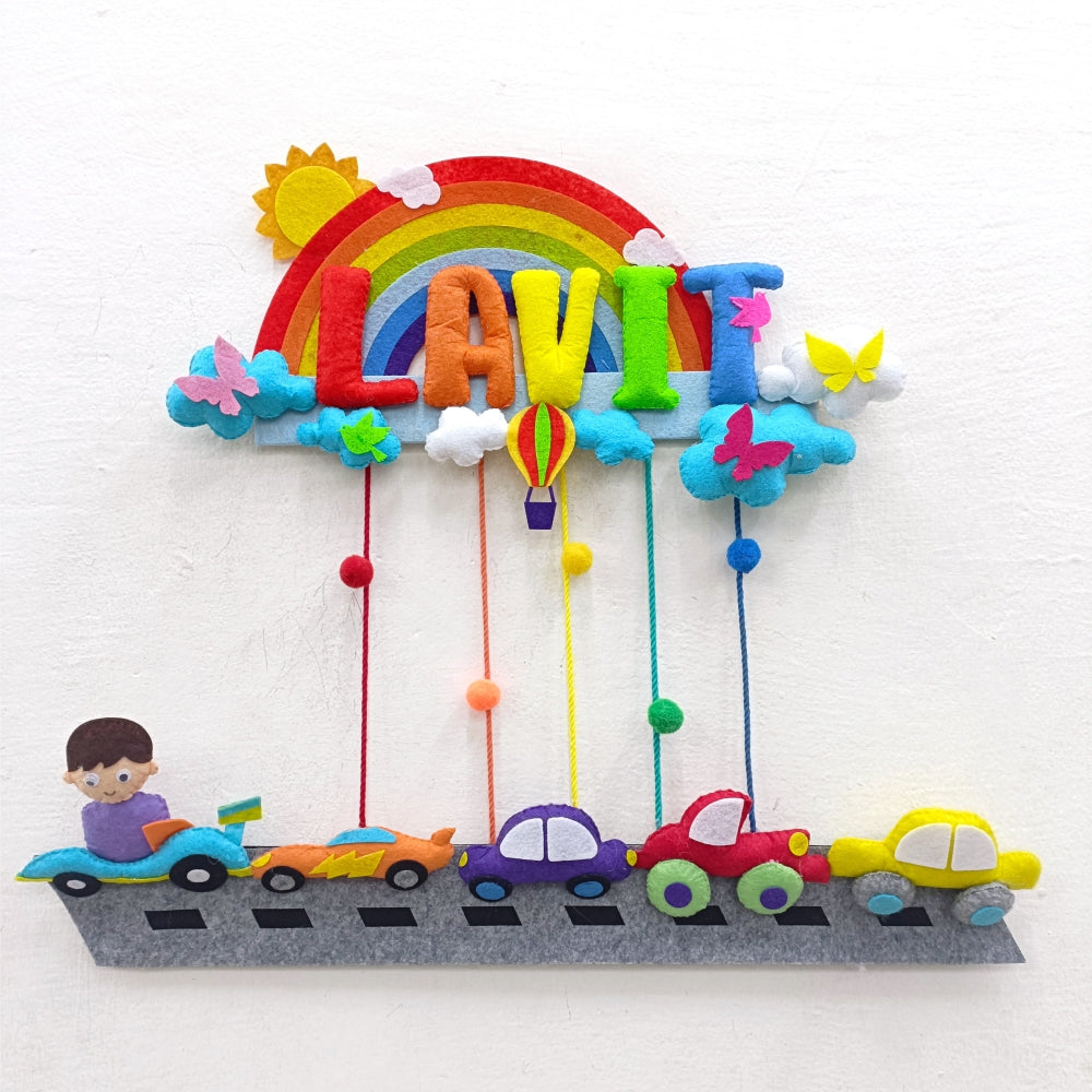 Rainbow Cars on Street | Personalised Felt Kids Hanging