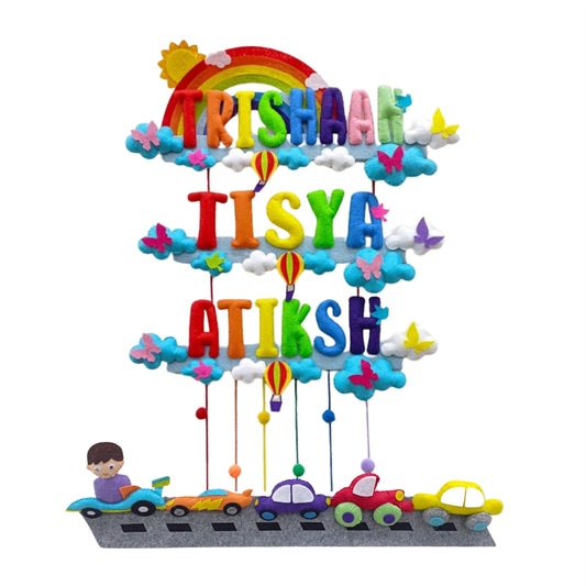 Rainbow Cars on Street | Personalised Felt Kids Hanging | Three Siblings