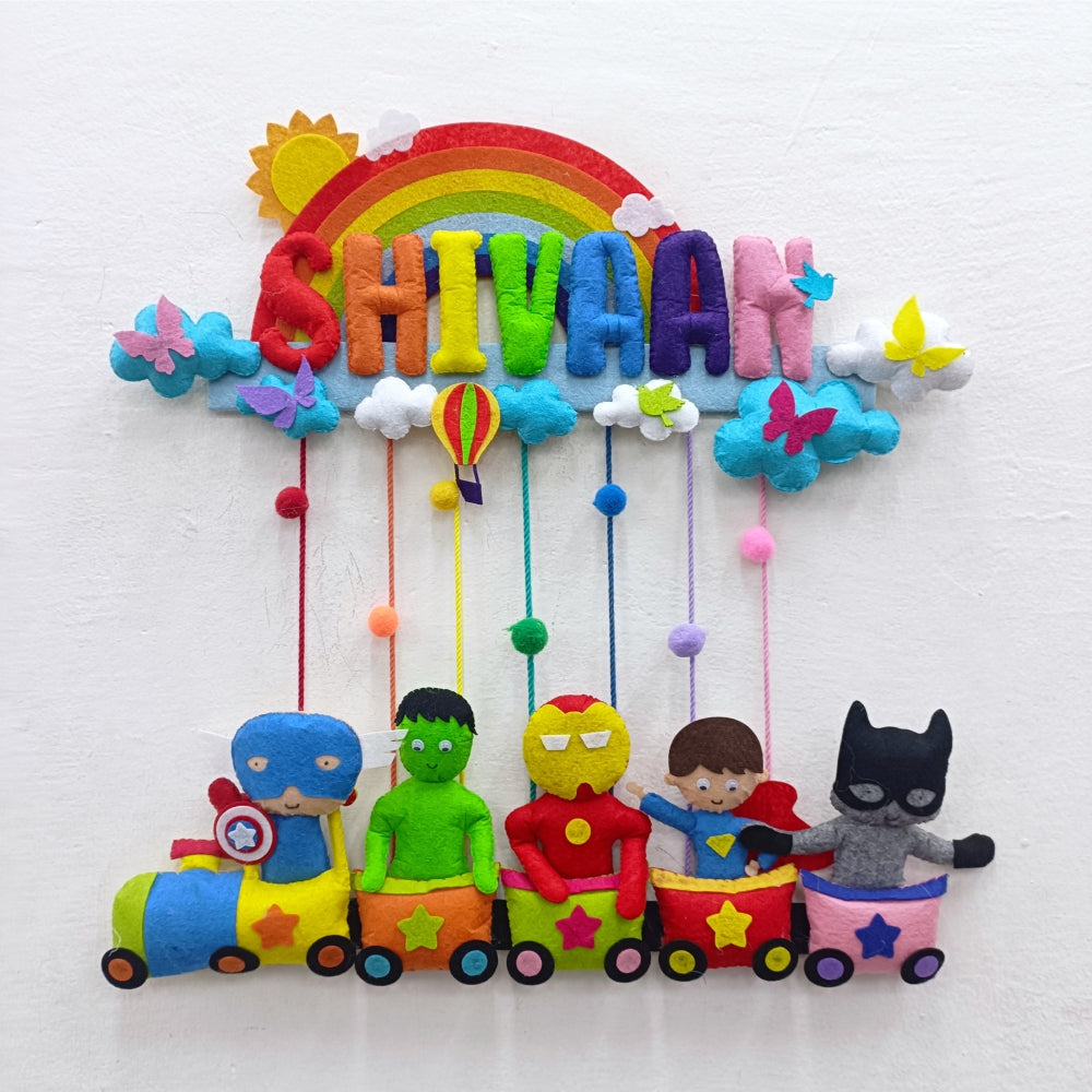 Rainbow Superhero Train | Personalised Felt Kids Hanging