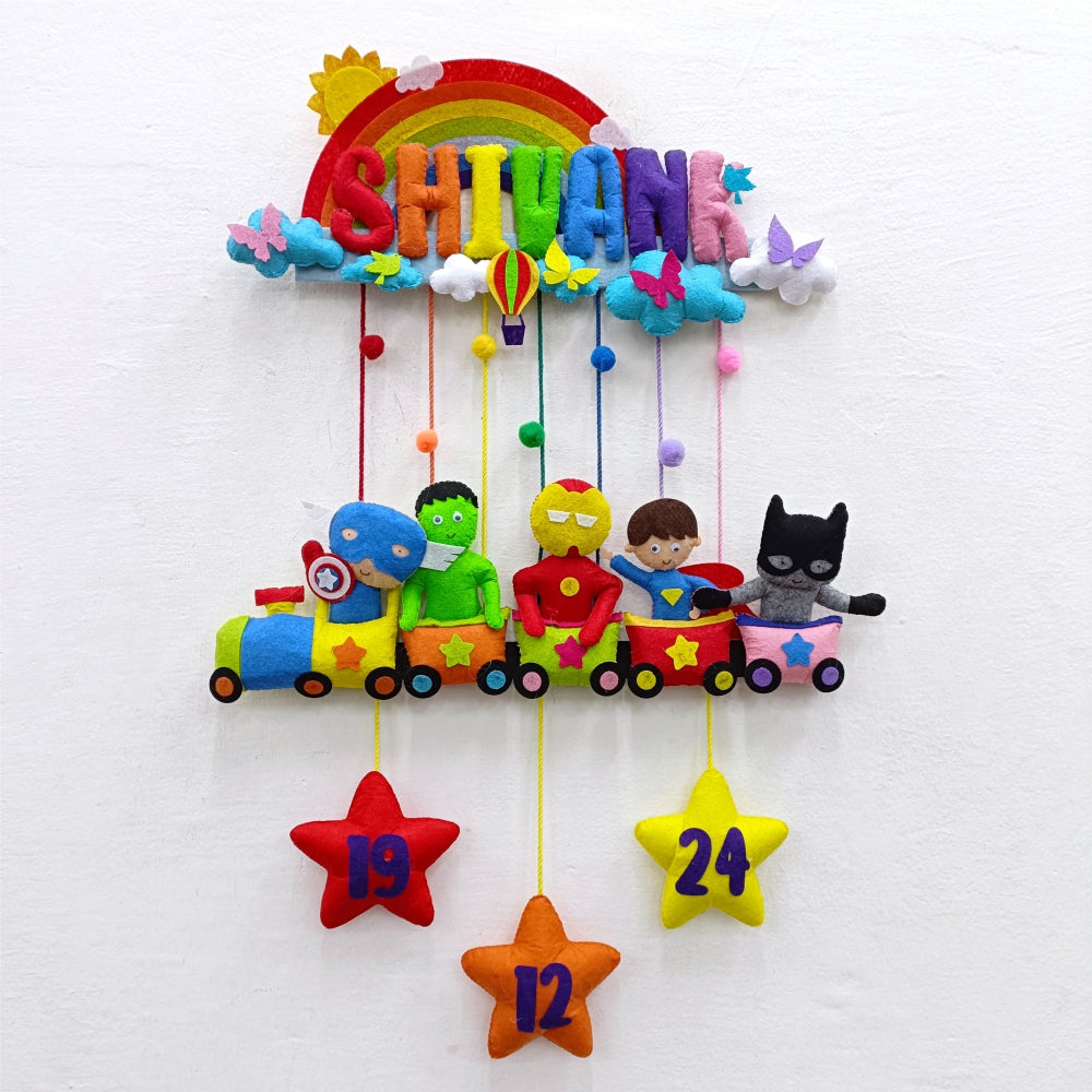 Rainbow Superhero Train | Personalised Felt Kids Hanging