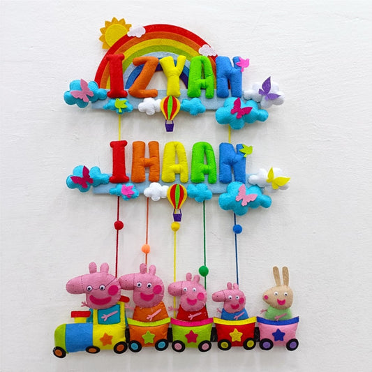 Rainbow Peppa Train | Personalised Felt Kids Hanging | Two Siblings
