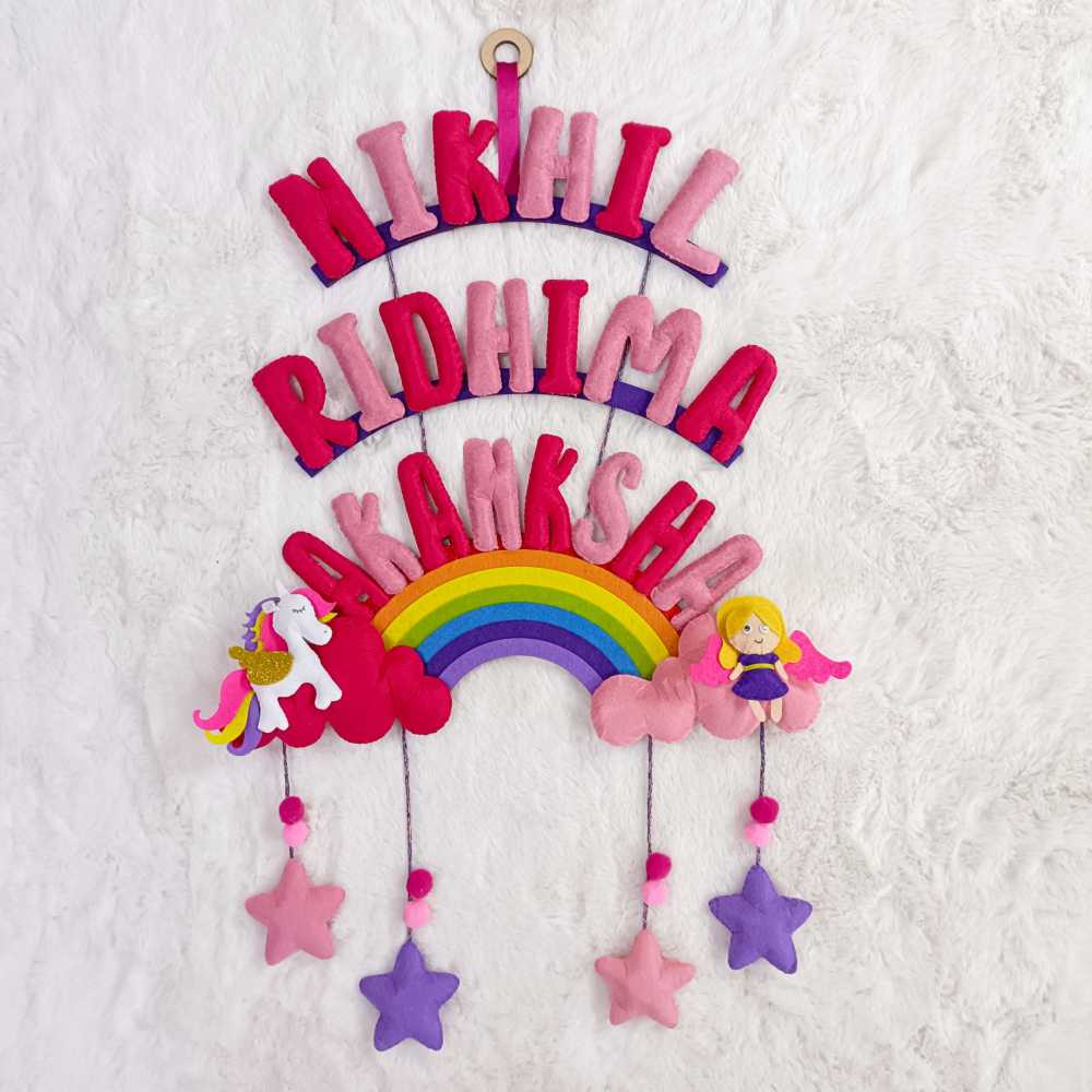 Pink Love Unicorns and Dolls With Stuff Name | Personalised Felt Kids Hanging