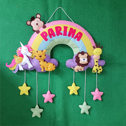 Rainbow with Animals | Flat Name | Personalised Felt Kids Hanging