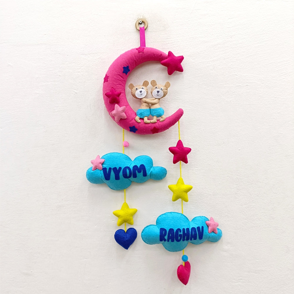 Siblings Hugging on Moon | Personalised Felt Kids Hanging