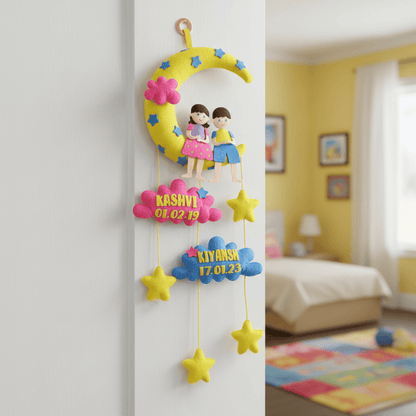 Siblings on Moon and Cloud | Personalised Felt Kids Hanging