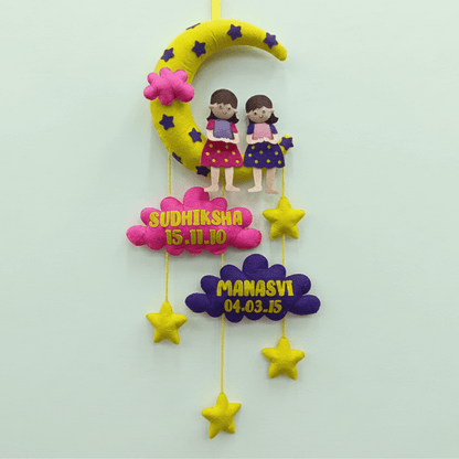 Siblings on Moon and Cloud | Personalised Felt Kids Hanging