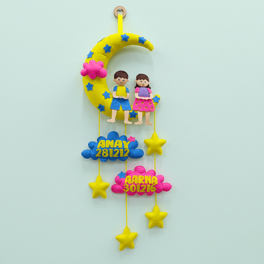 Siblings on Moon and Cloud | Personalised Felt Kids Hanging