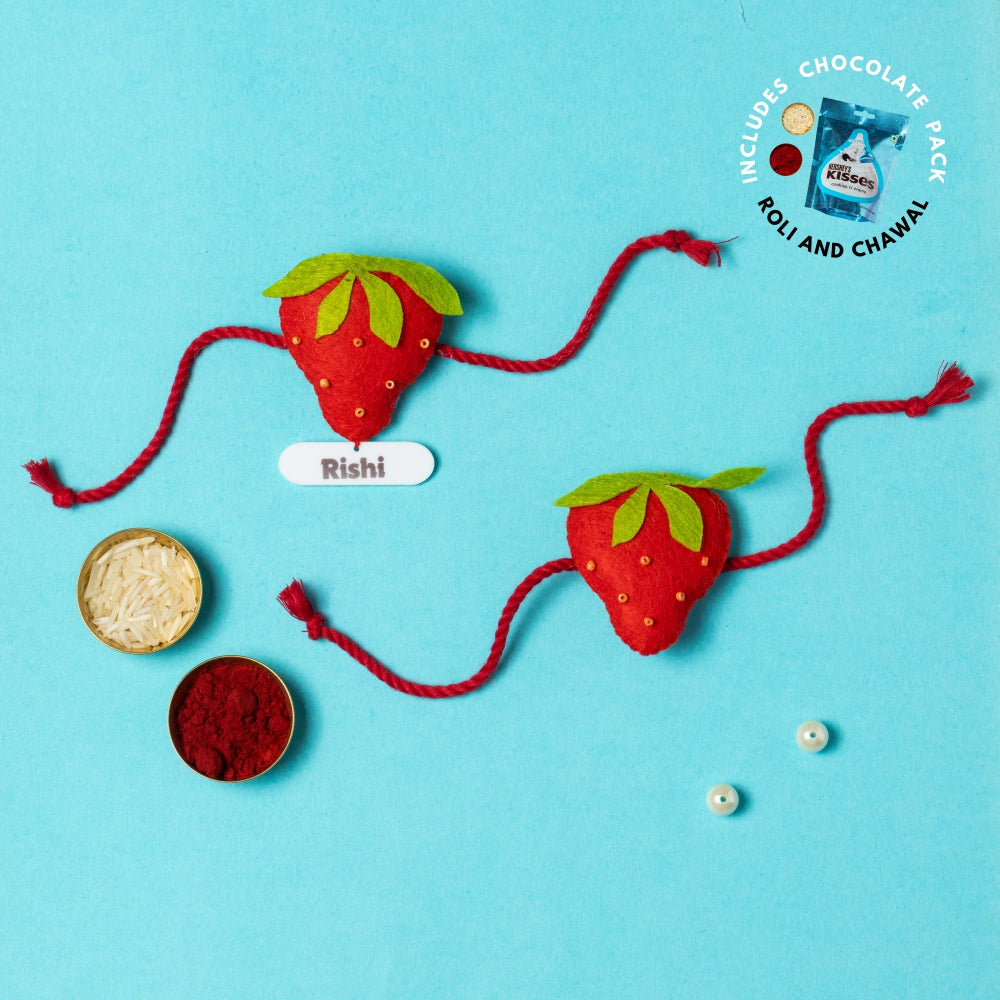Strawberry Rakhi Combo with Chocolates, Roli and Chawal | Personalised Kids Rakhi