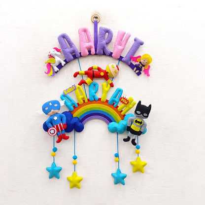 Superhero and Unicorn | Personalised Felt Siblings Hanging