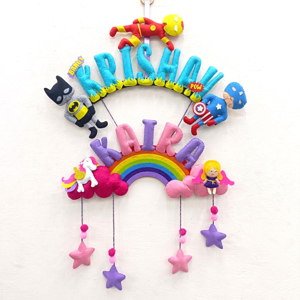 Superhero and Unicorn | Personalised Felt Siblings Hanging