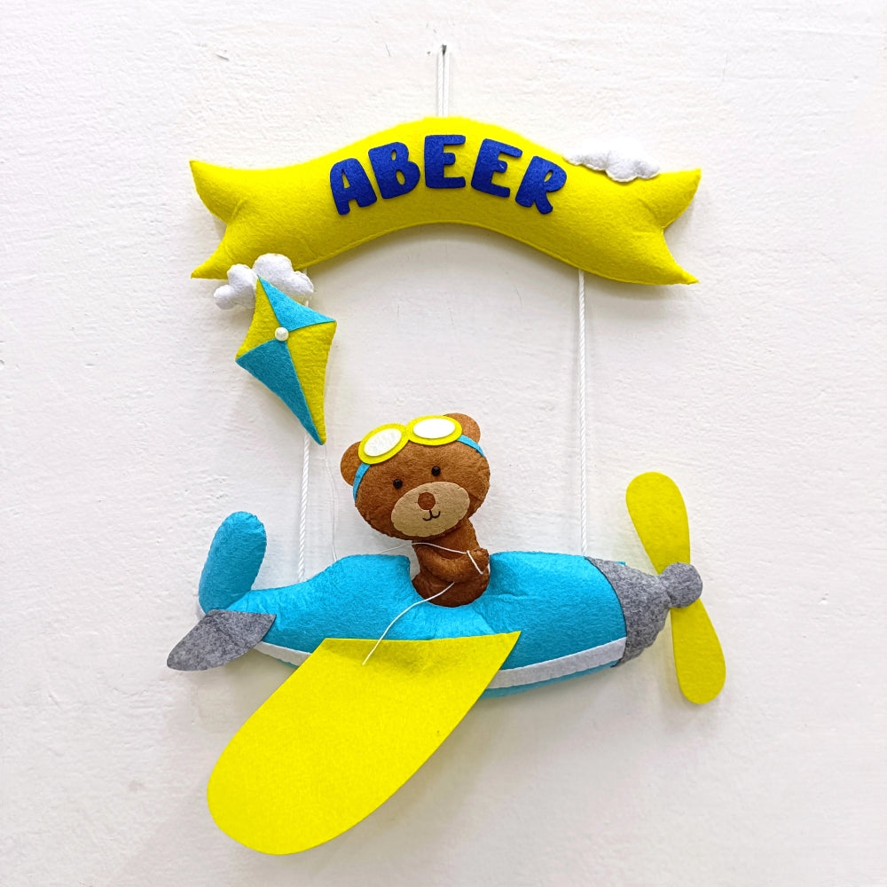 Teddy in Blue Aeroplane | Personalised Felt Kids Small Hanging