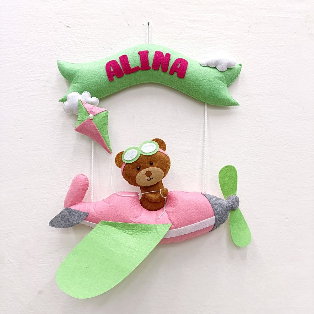 Teddy in Pink Aeroplane | Personalised Felt Kids Small Hanging