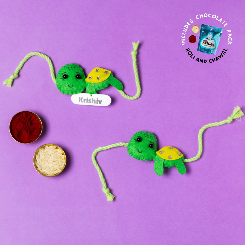 Turtle Combo with Chocolates, Roli and Chawal | Personalised Kids Rakhi