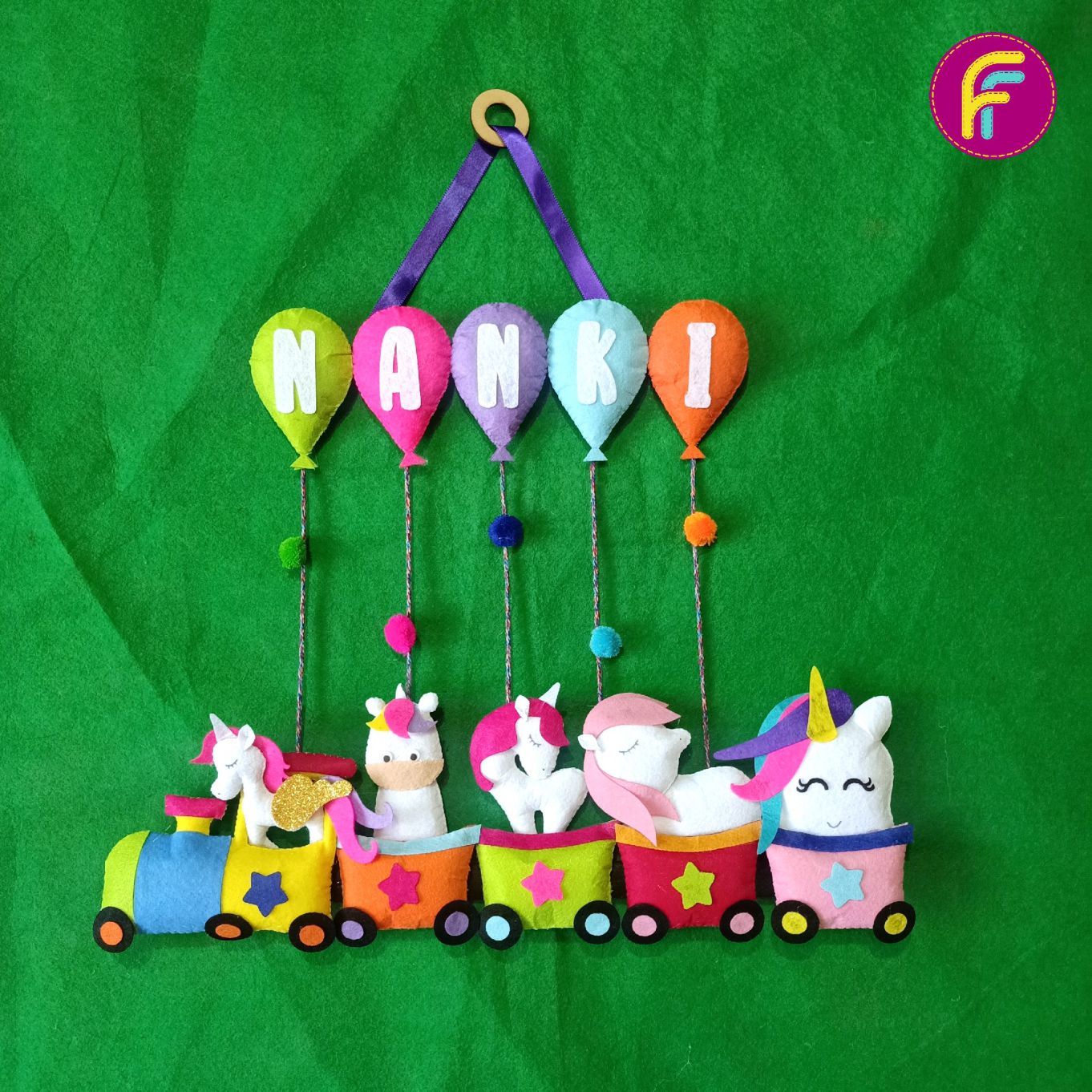 Unicorn Train with Balloons | Personalised Felt Kids Hanging