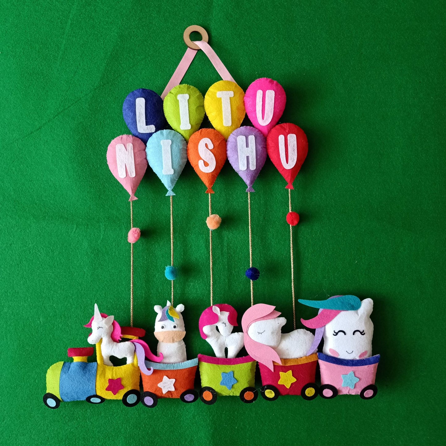 Unicorn Train with Balloons | Personalised Felt Kids Hanging