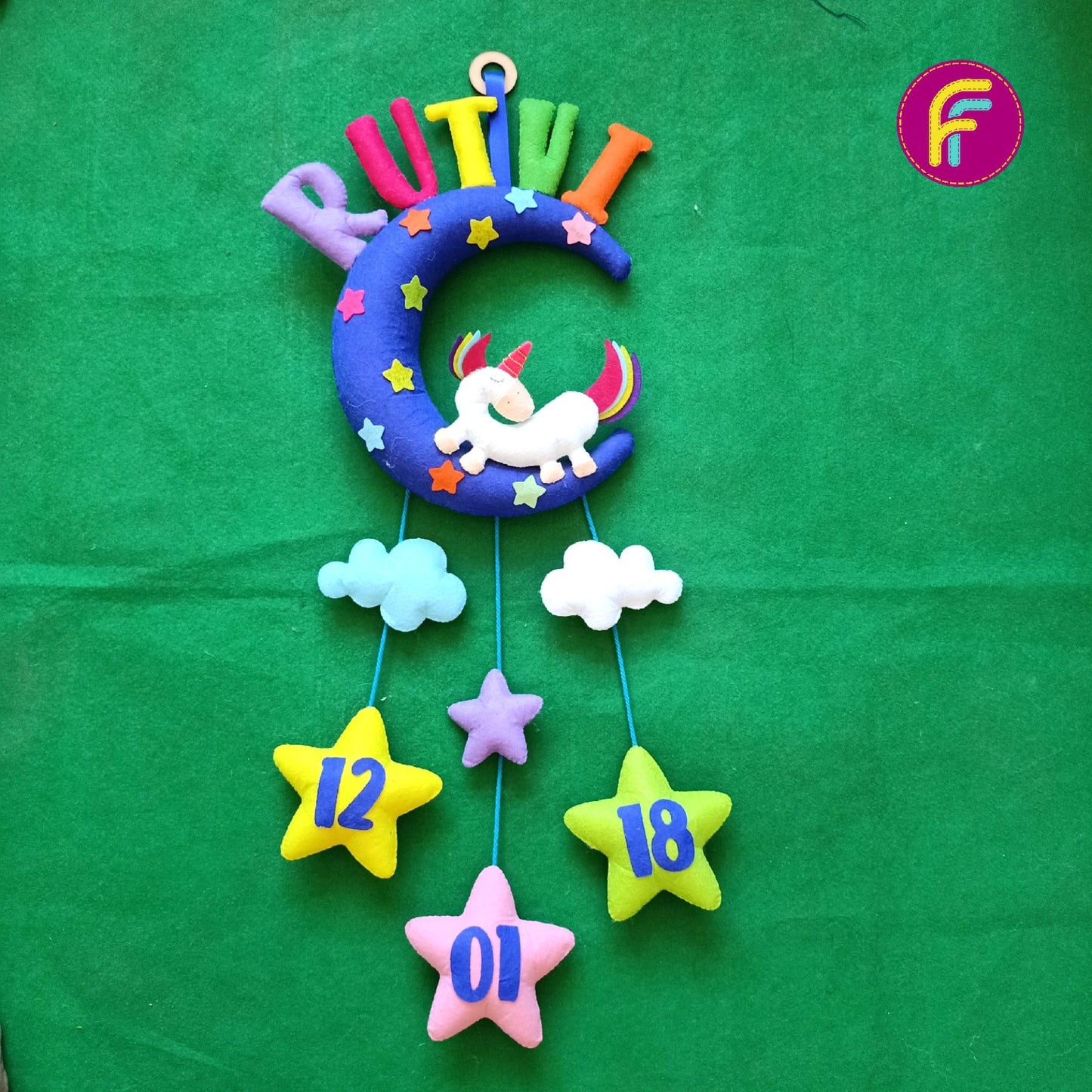 Unicorn on Moon | Personalised Felt Kids Hanging