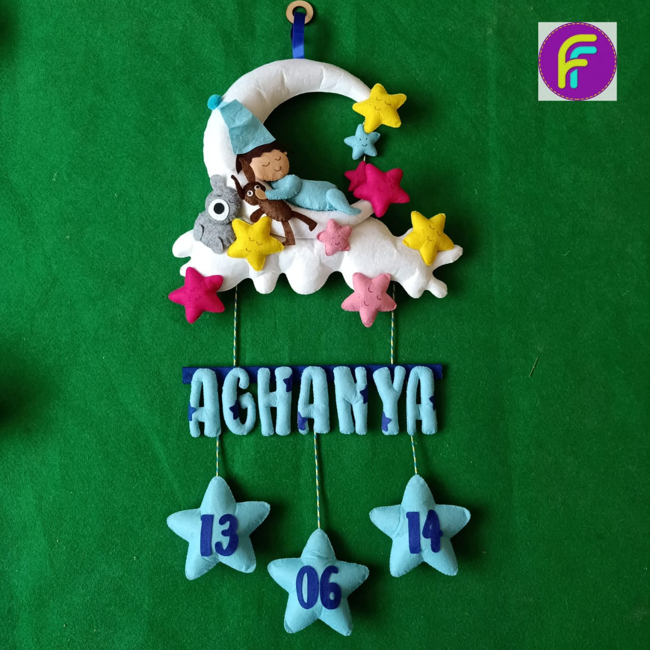 Sleeping Baby On Moon (DOB) | Personalised Felt Kids Hanging