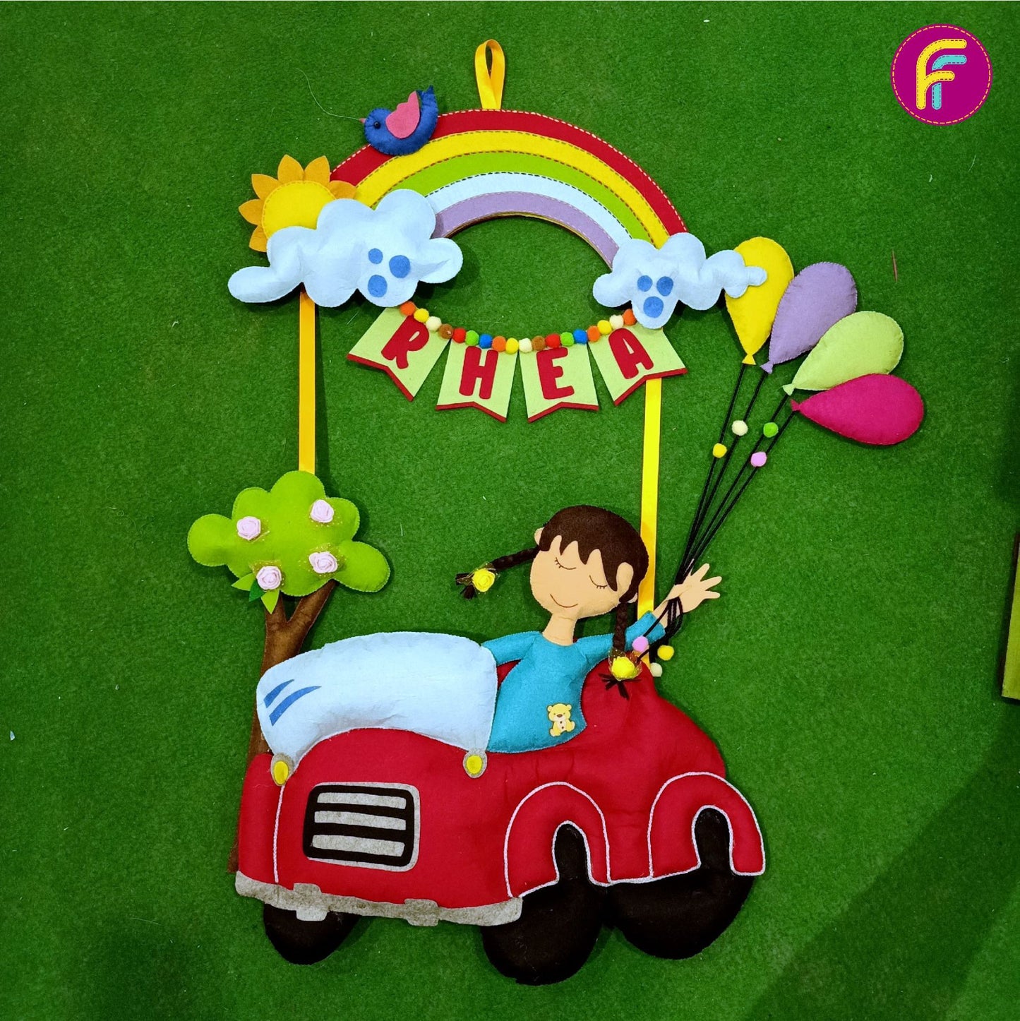 Car with Rainbow | Personalised Felt Kids Hanging